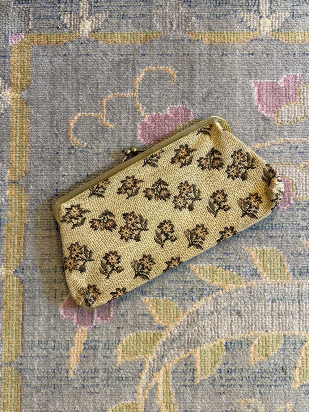 Vintage Woven Floral Needlepoint Clutch Purse Wallet with Gold Tone Hardware